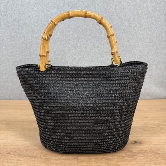 Kim Rogers Handbags - Kim Rogers Vintage Style Woven Straw Purse Bamboo Wooden Handles Black Beachy